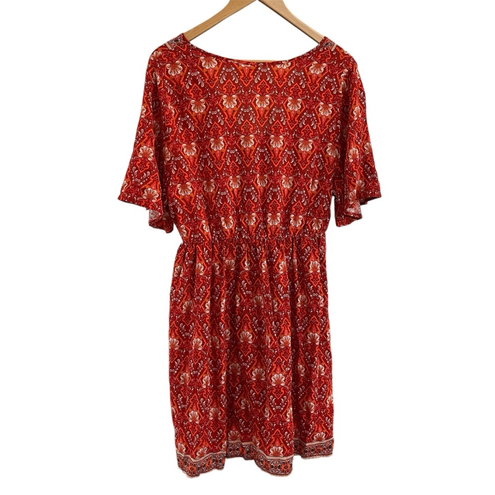 Brown Coco Boho Floral Paisley Faux Wrap Mini Dress 1XL Red Cottagecore Flare - Picture 4 of 11
